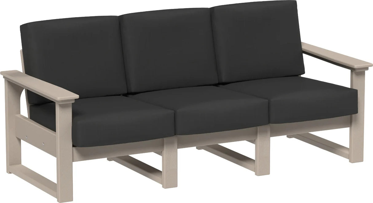 This image shows the deep seating sofa on a white background. The frames are weatherwood and the cushions are spectrum carbon.