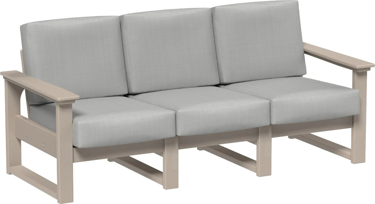 This image shows the deep seating sofa on a white background. The frames are weatherwood and the cushions are spectrum dove.