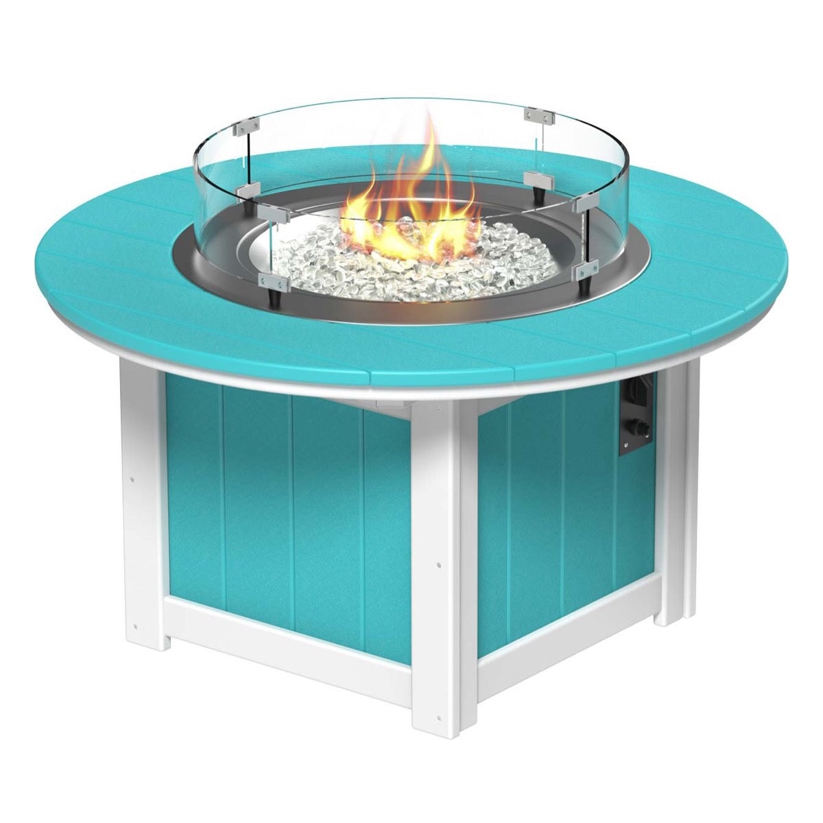 This is the Aruba Blue and White colored round fire pit table on a white background.