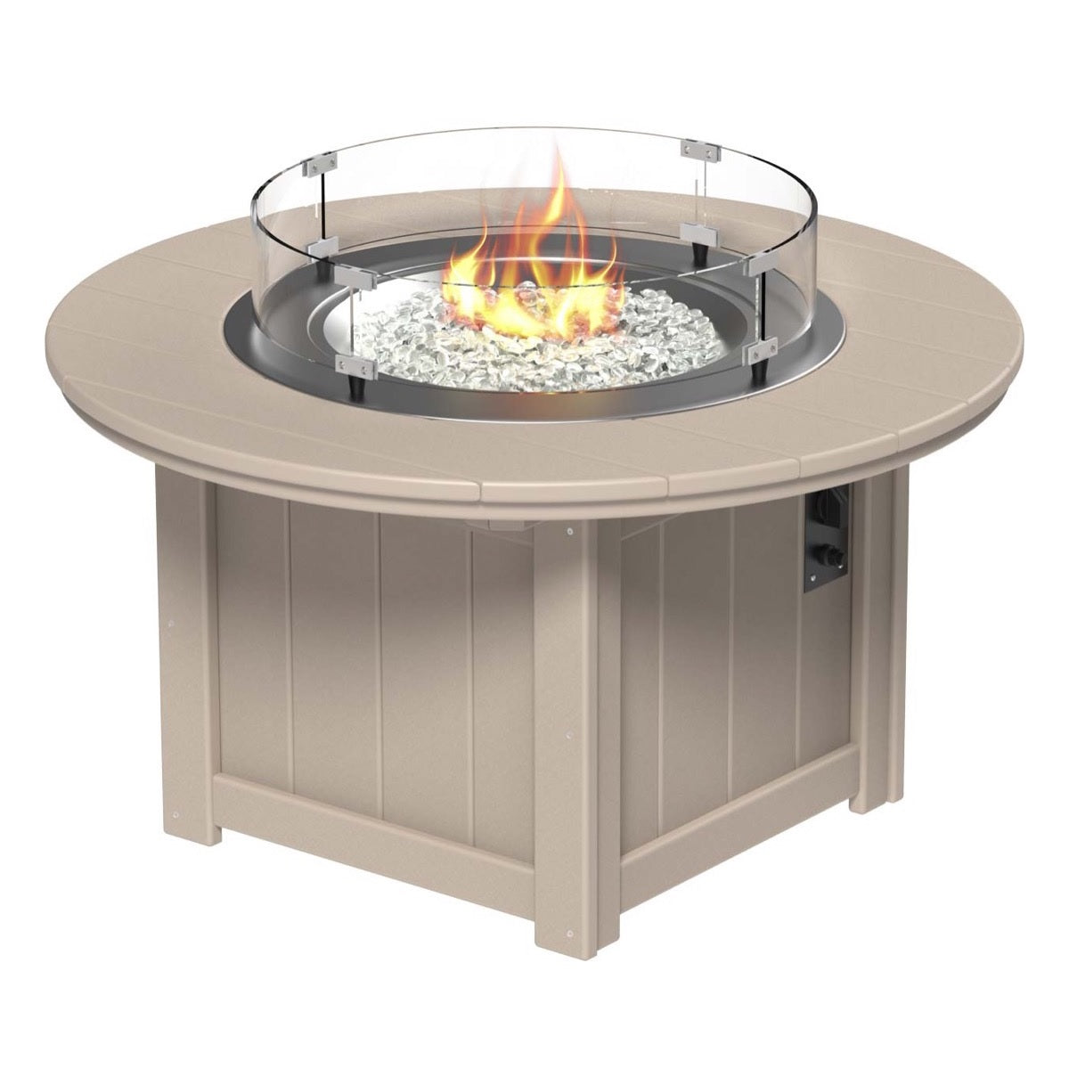 This is the Weatherwood colored round fire pit table on a white background.