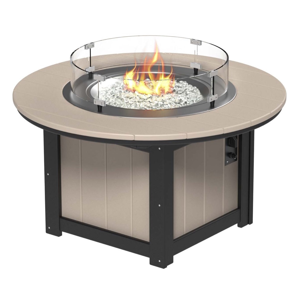 This is the Weatherwood and Black colored round fire pit table on a white background.
