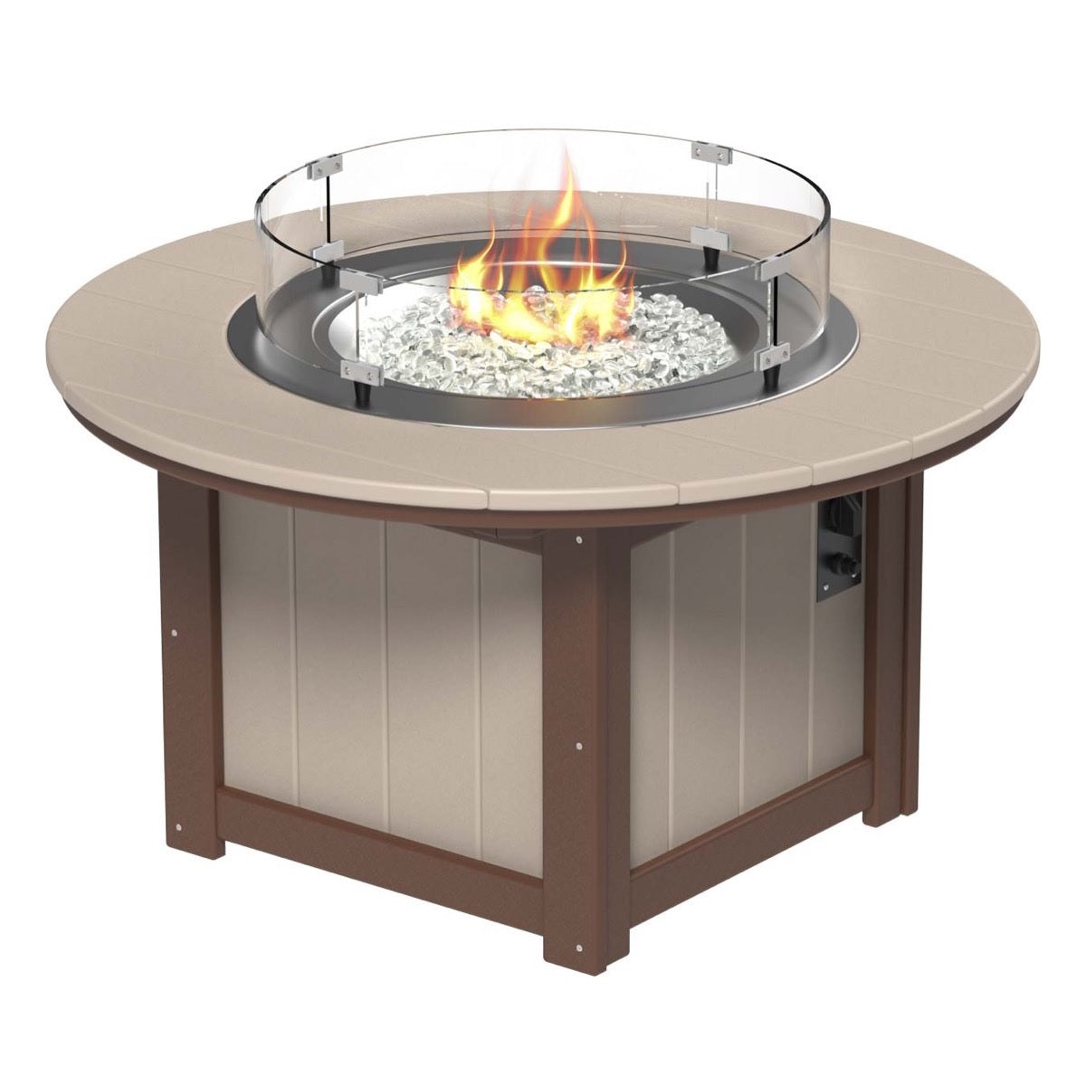 This is the Weatherwood and Chestnut Brown colored round fire pit table on a white background.