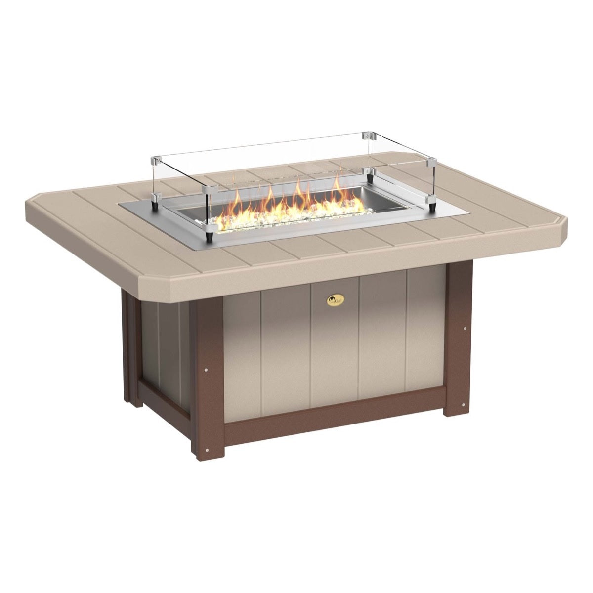 This is the Weatherwood and Chestnut Brown colored rectangular fire pit table on a white background.