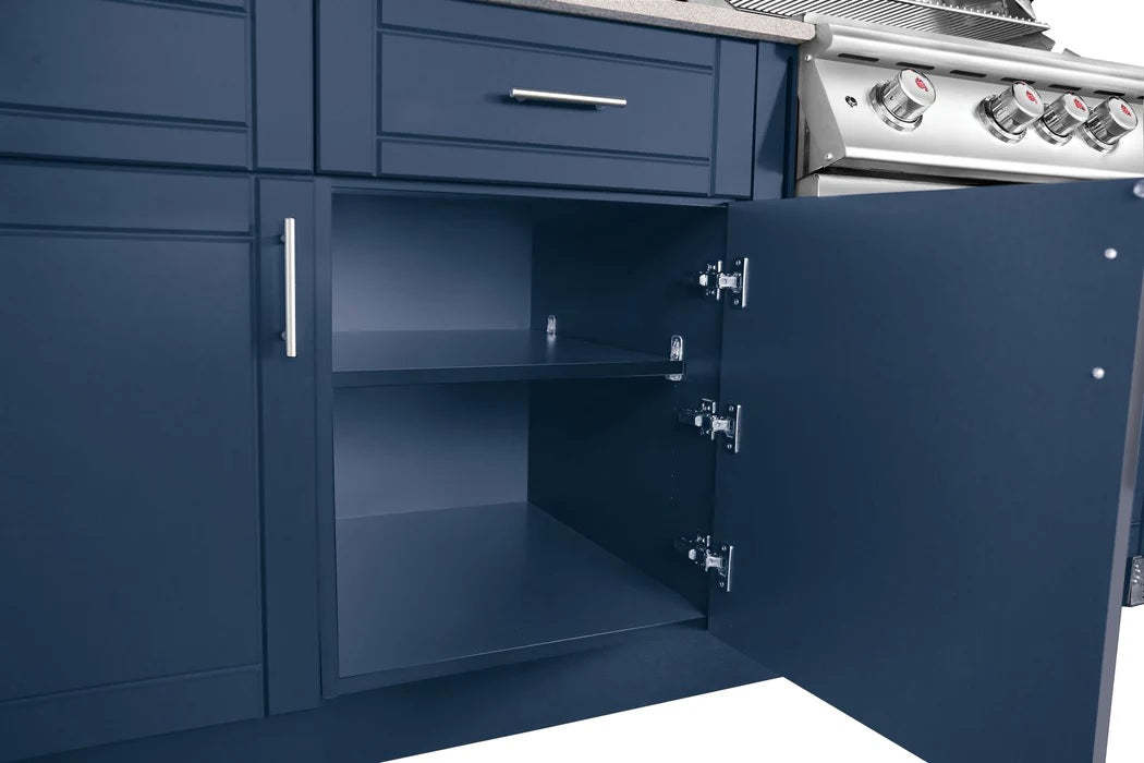 Symphony Blue cabinet open to display the shelves inside.
