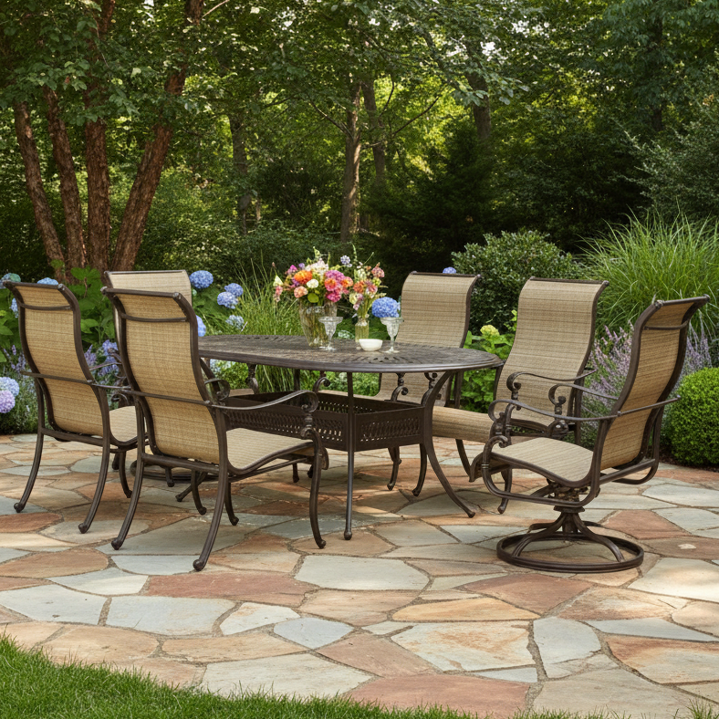 This is a lifestyle image showing this aluminum patio dining set with sling backs on a stone patio in a backyard on a sunny day.