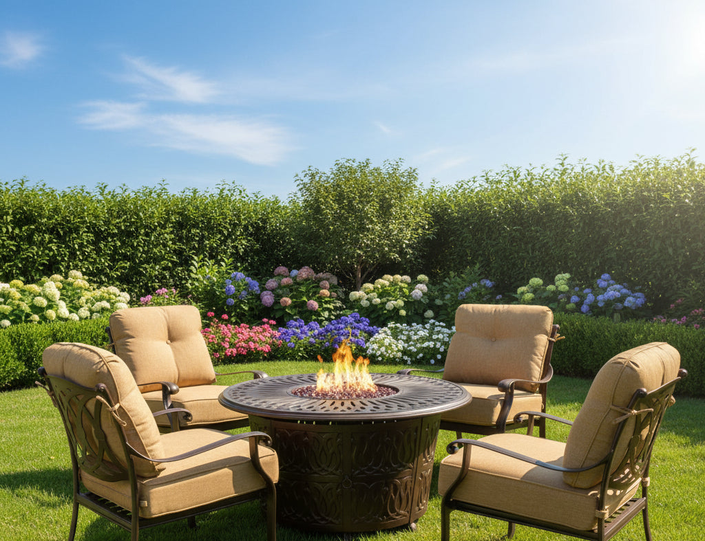 This is a lifestyle image showing this four cushioned patio chairs around a fire pit table in a grassy backyard surrounded by lots of pretty flowers.