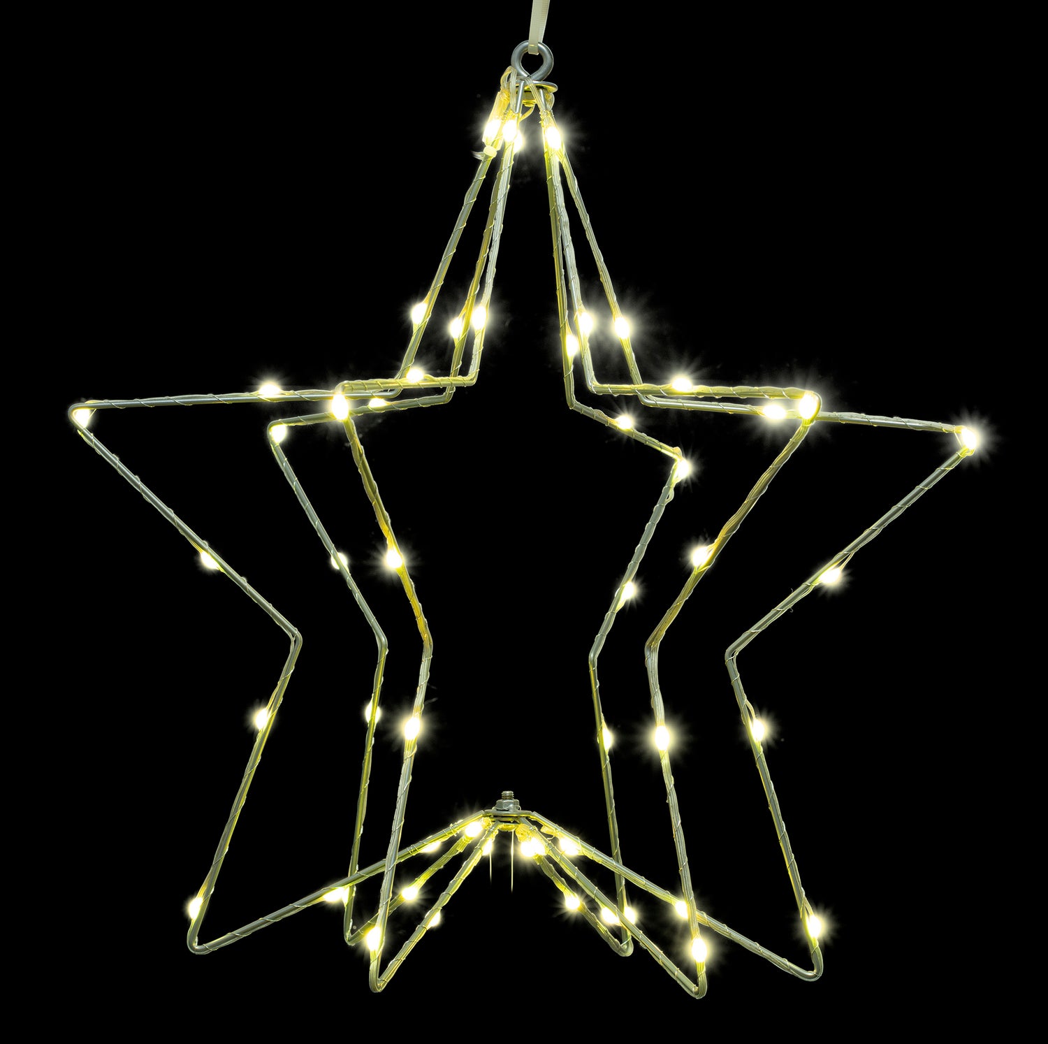 Hanging decoration shaped like a snowflake with a foldable design. Pre-lit with LED lights that can be controlled by an app.