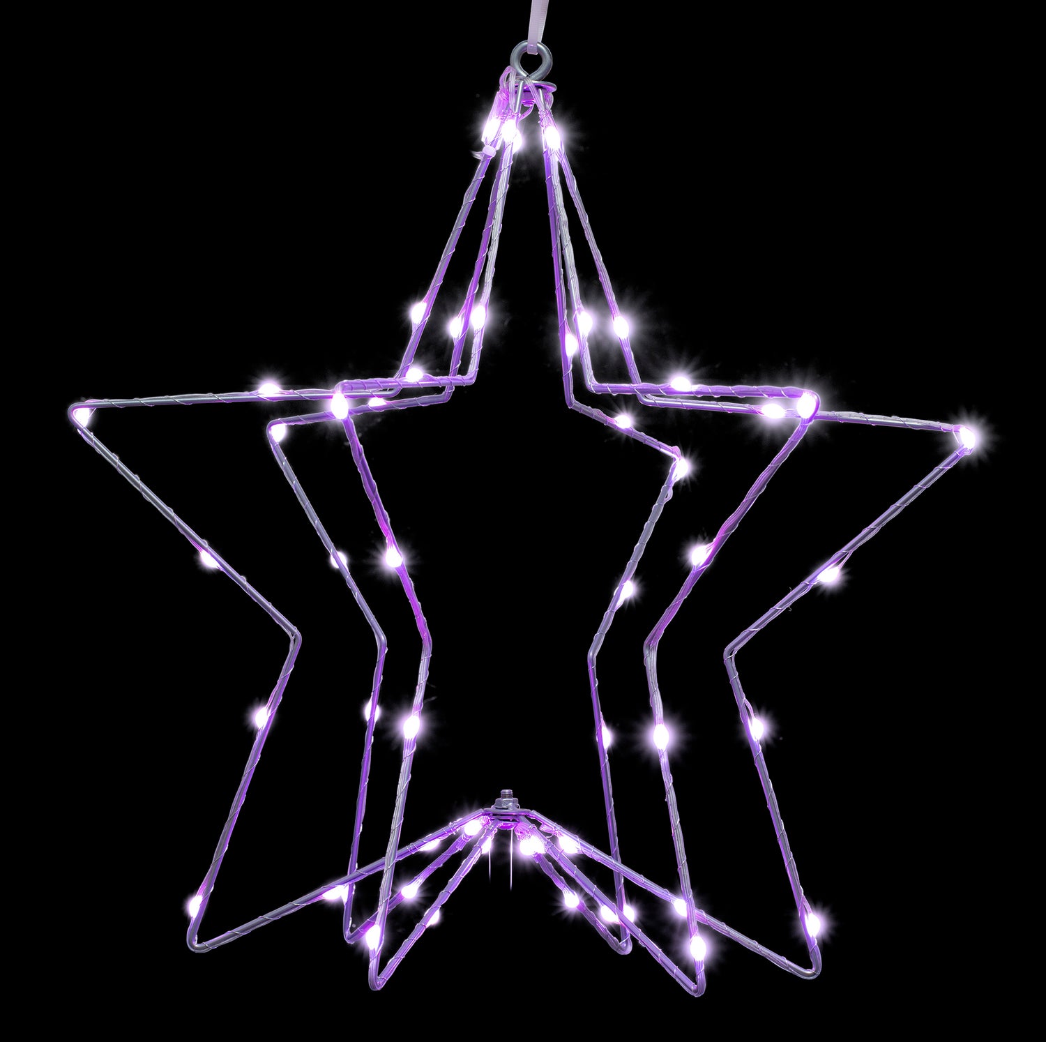 Hanging decoration shaped like a snowflake with a foldable design. Pre-lit with LED lights that can be controlled by an app.