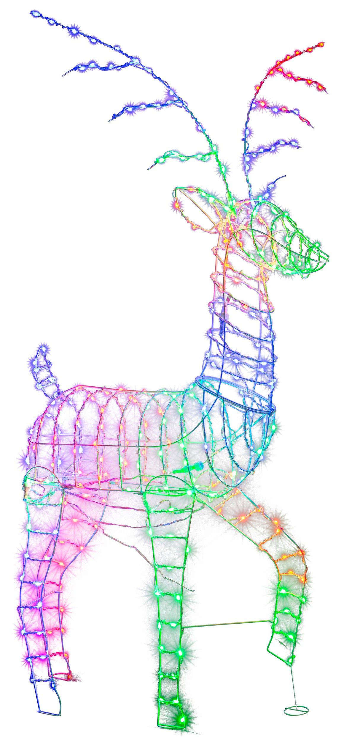 Outdoor decoration shaped like a reindeer with programmable LED lights.