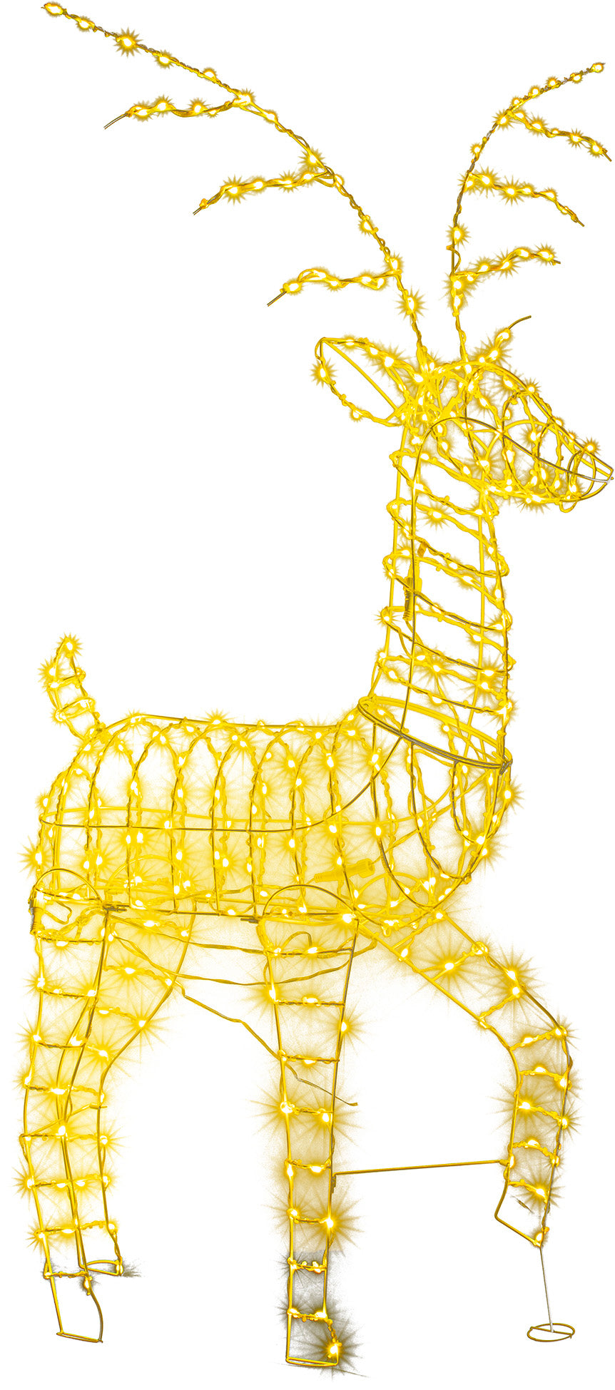 Outdoor decoration shaped like a reindeer with programmable LED lights.