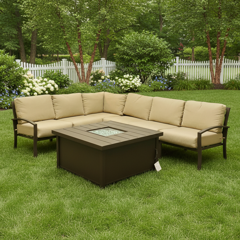 This is a lifestyle image showing this outdoor sectional couch and square fire pit table in a grassy backyard surrounded by a white picket fence.