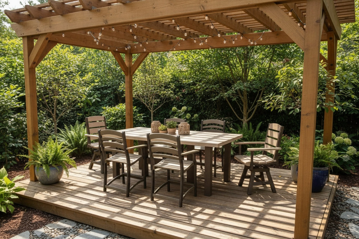 This is a lifestyle image showing the patio dining set on a wooden porch underneath a wooden pergola decorated with hanging string lights.