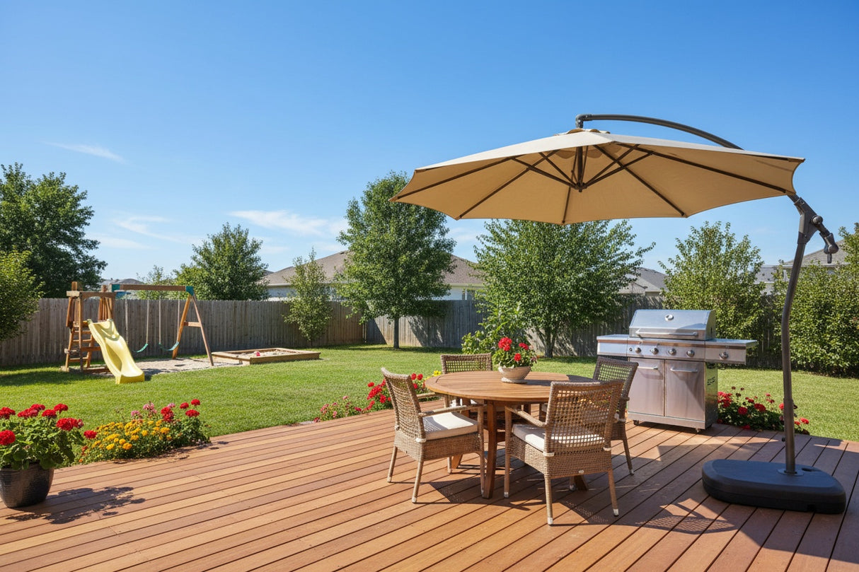 This is a lifestyle image showing a Midwestern backyard on a sunny day. There's a wooden playset, a sand box and pretty flowers. On the wooden deck, there's a silver grill and a patio table with an umbrella over it.