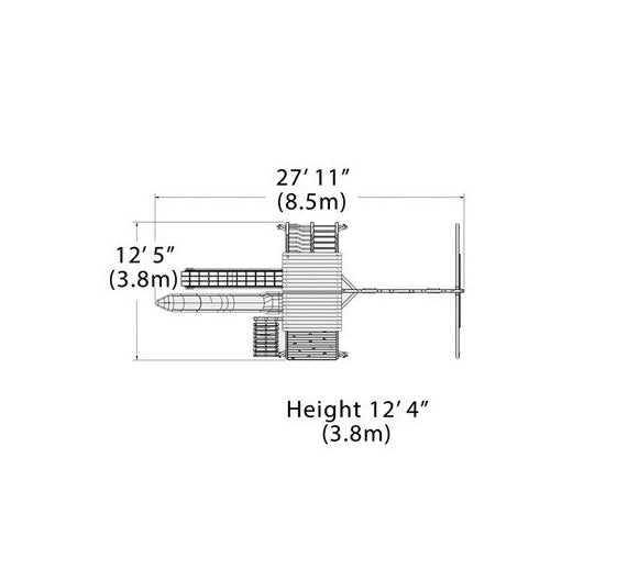 This is an illustration showing the dimensions of the swing set. From the tip of the slide to the end of the swing set is 27 ft. and 11 inches long. The height is 12 ft. 4 inches.