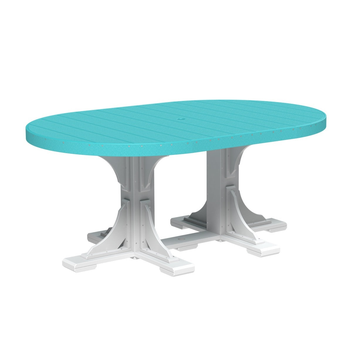 This is the Aruba Blue and White colored oval dining table on a white background.