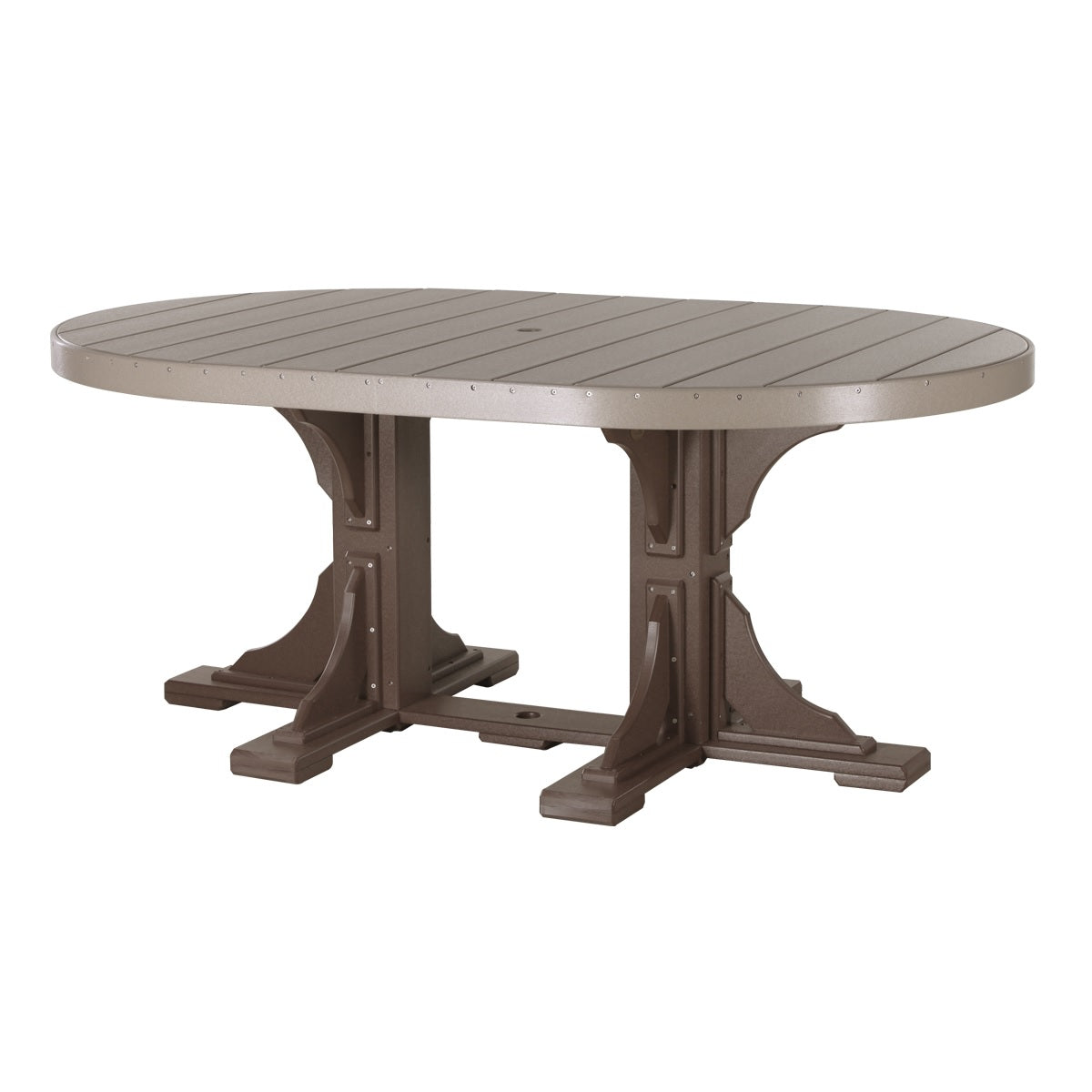 This is the Weatherwood and Chestnut Brown colored oval dining table on a white background.
