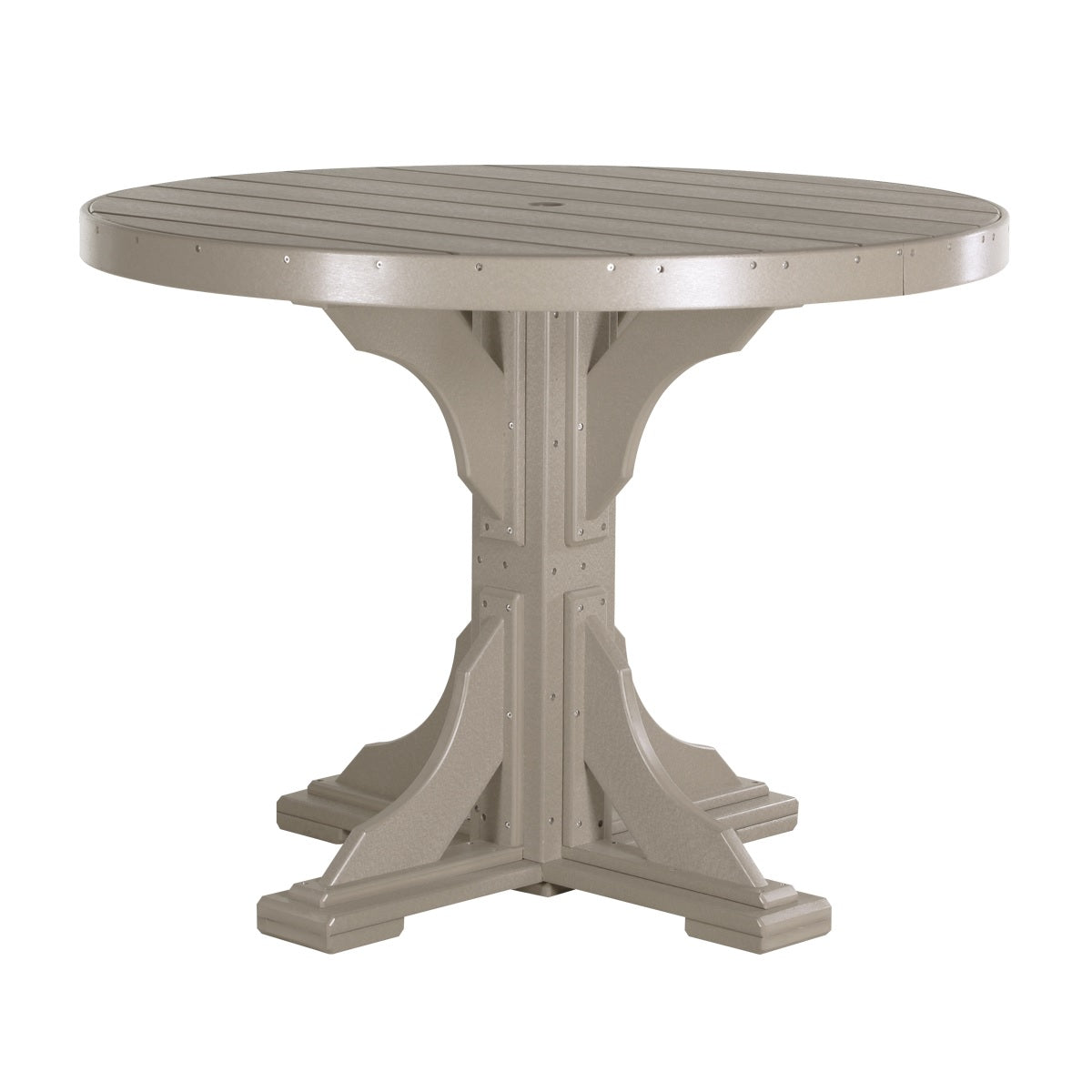 This is the Weatherwood colored round dining table on a white background.