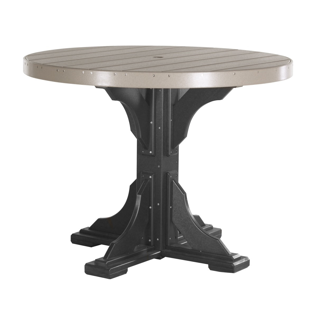 This is the Weatherwood and Black colored round dining table on a white background.