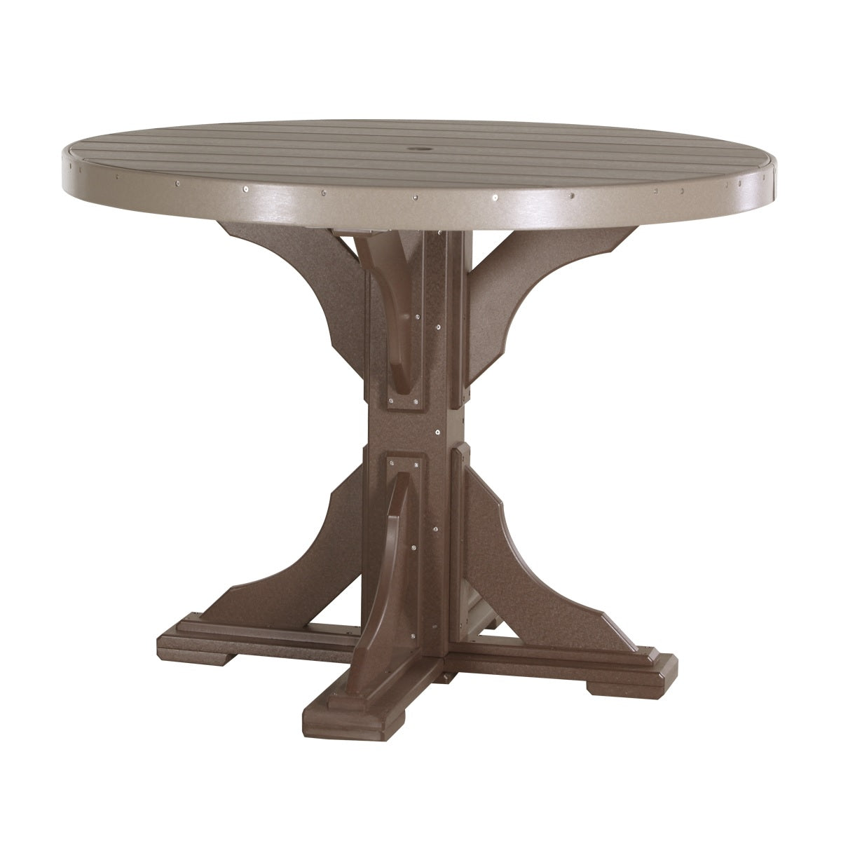 This is the Weatherwood and Chestnut Brown colored round dining table on a white background.
