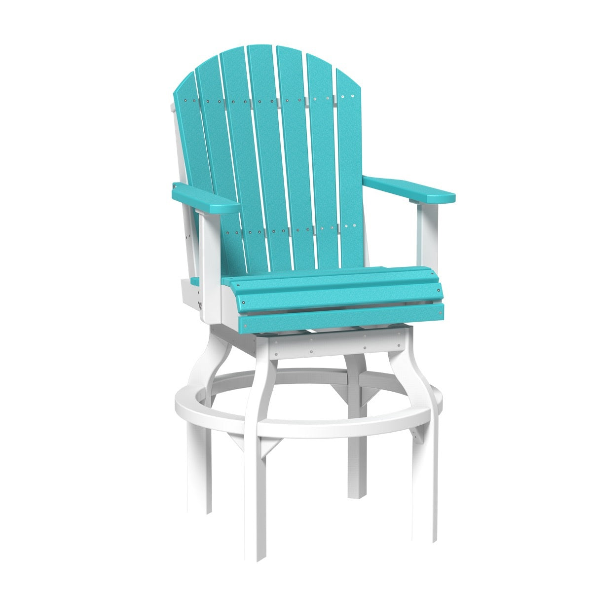 This is the Aruba Blue and White colored Swivel Adirondack Chair on a white background.