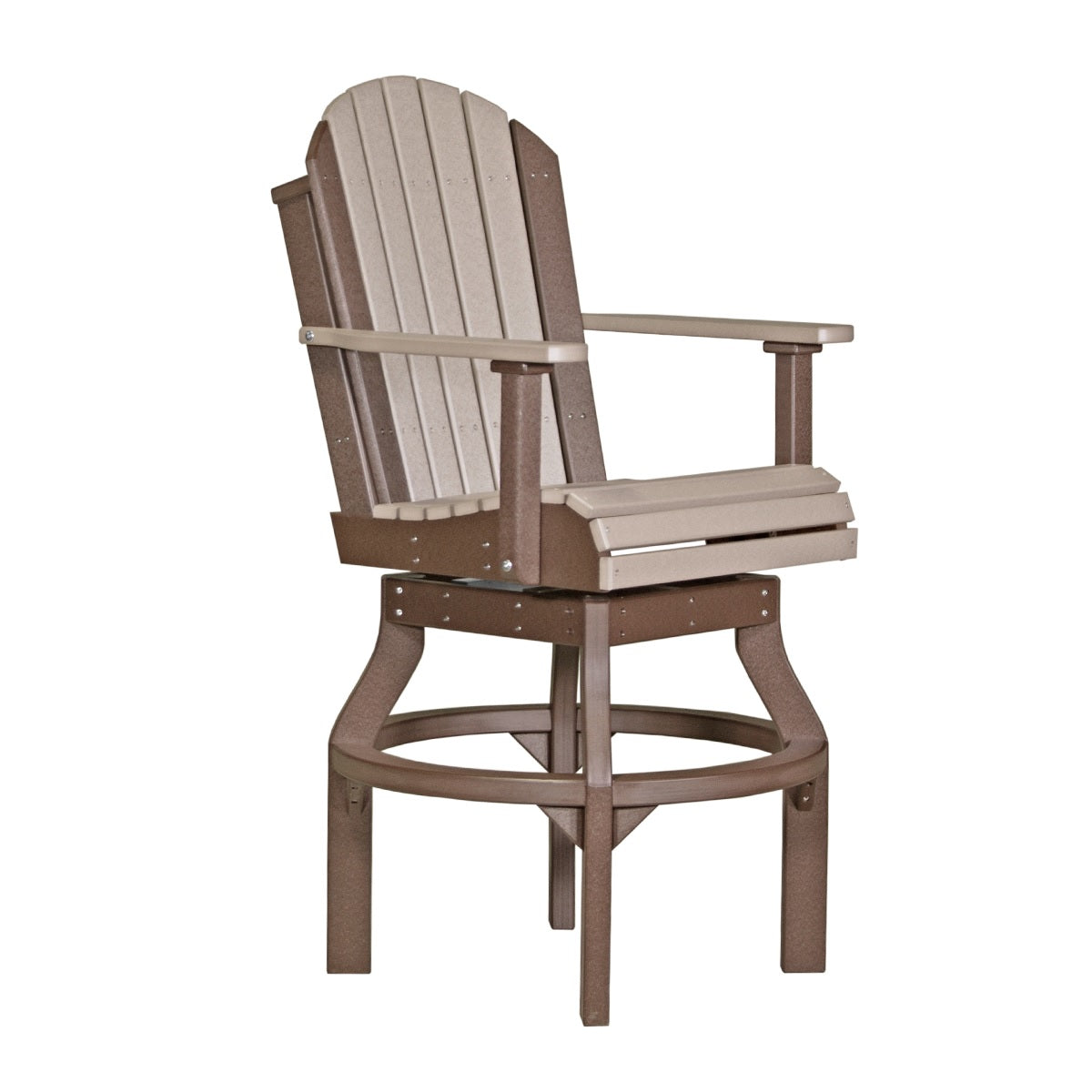 This is the Weatherwood and Chestnut Brown colored Swivel Adirondack Chair on a white background.