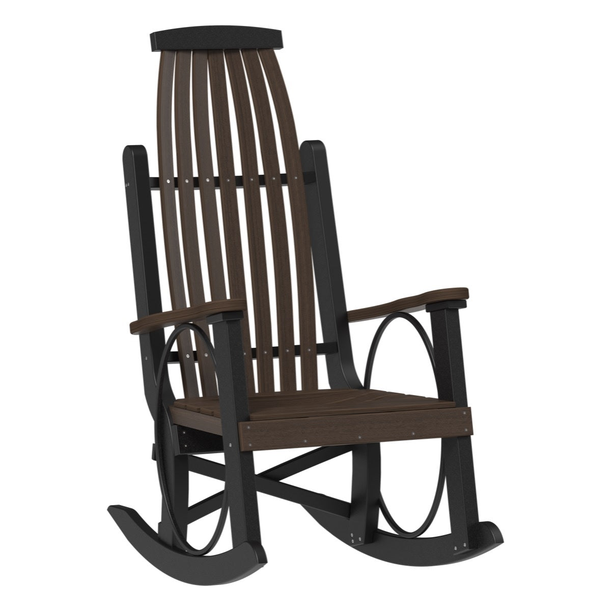 This is the Brazilian Walnut and Black colored Grandpa's Rocker Chair on a white background.