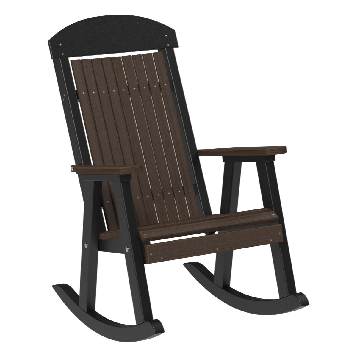 This is the Brazilian Walnut and Black colored Porch Rocker Chair on a white background.