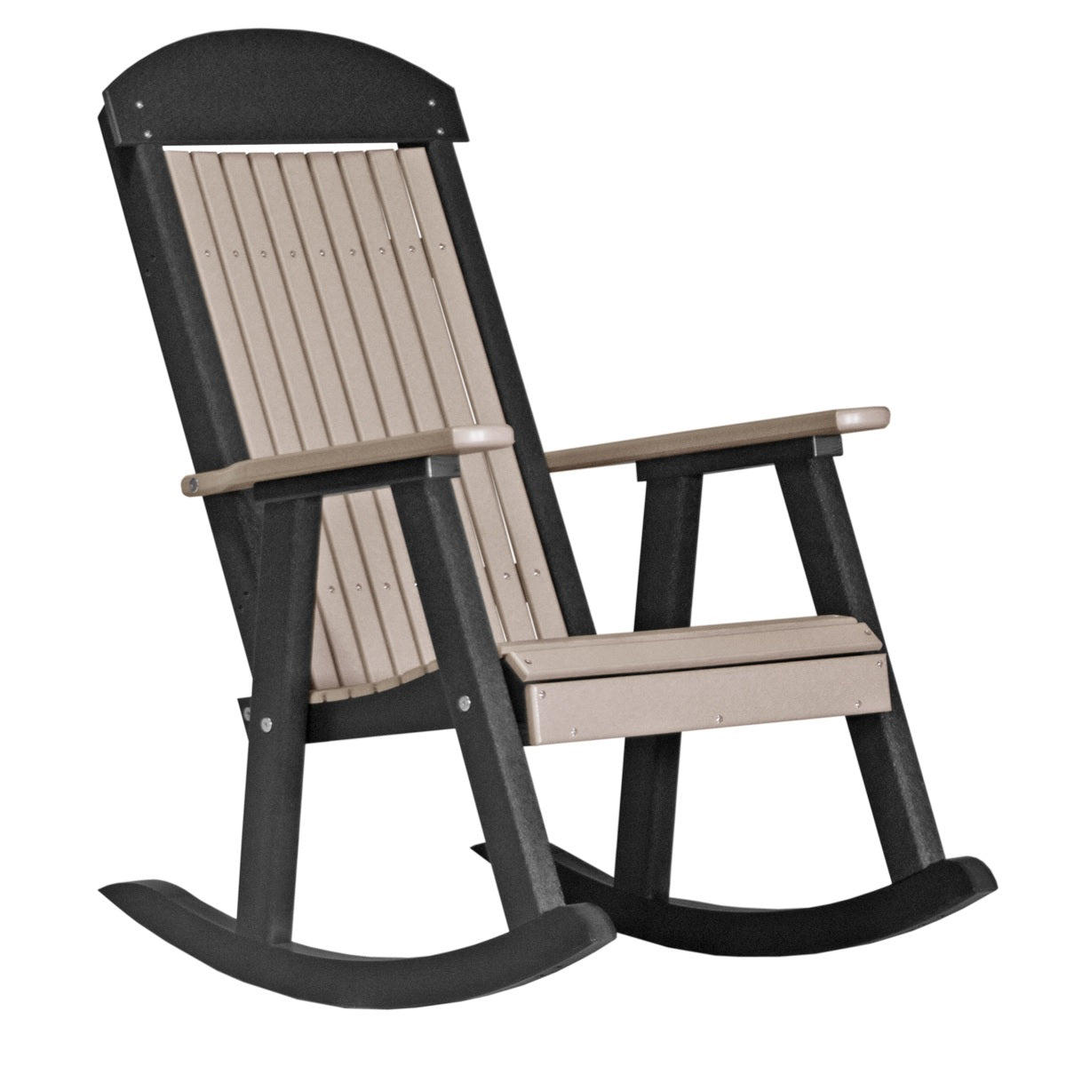 This is the Weatherwood and Black colored Porch Rocker Chair on a white background.