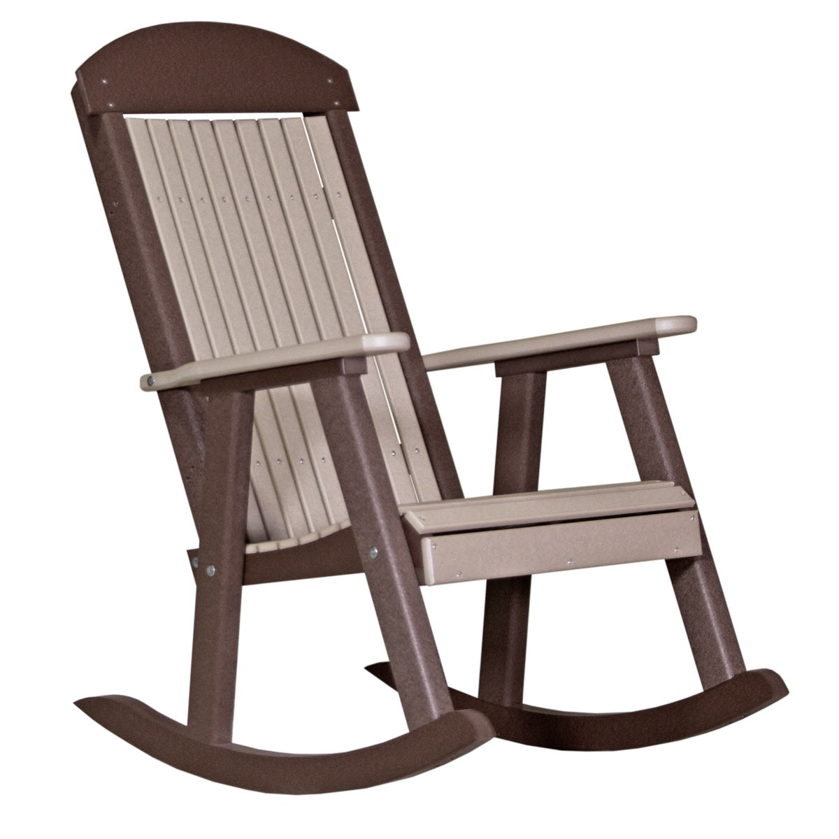 This is the Weatherwood and Chestnut Brown colored Porch Rocker Chair on a white background.