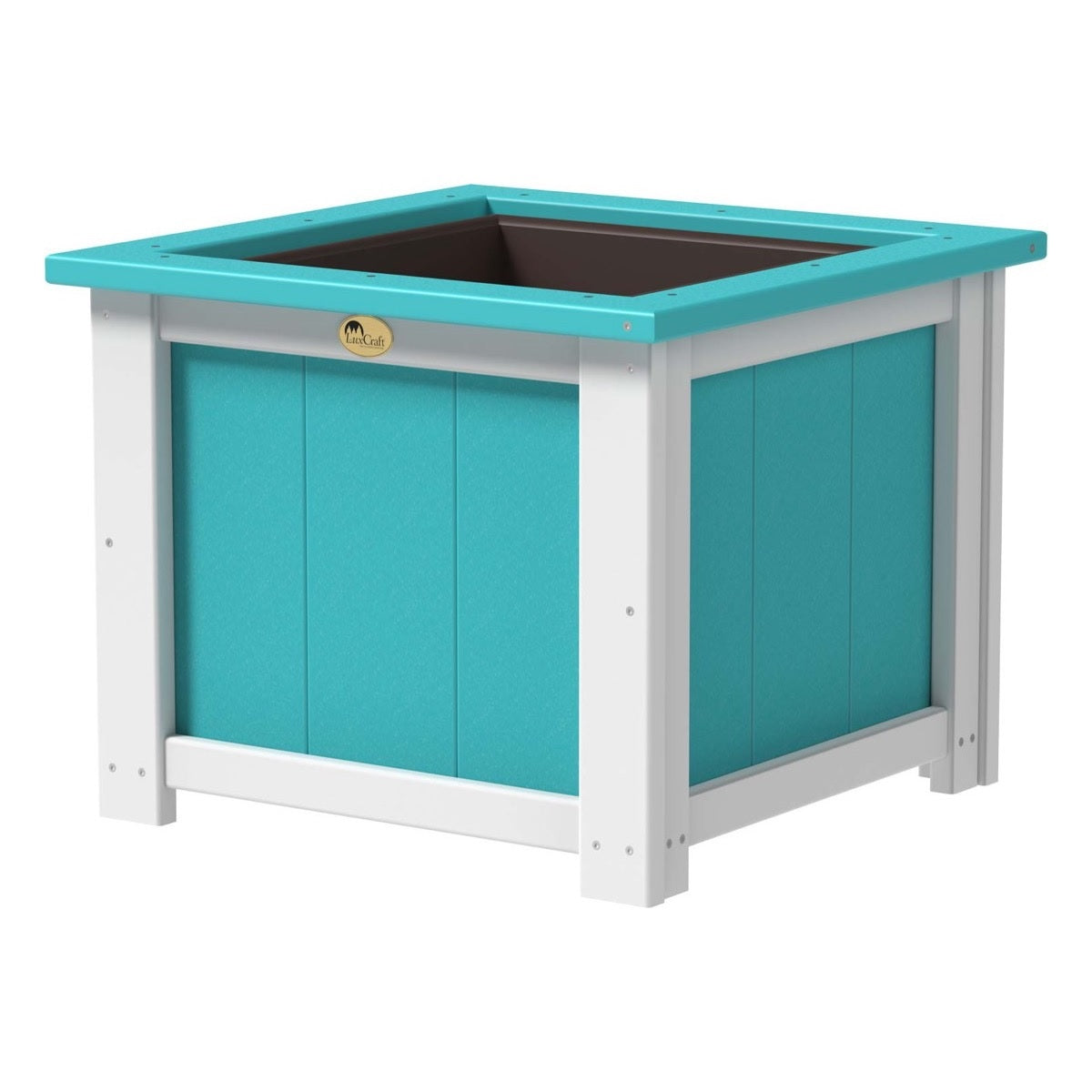 This is the Aruba Blue and White colored square planter box on a white background.