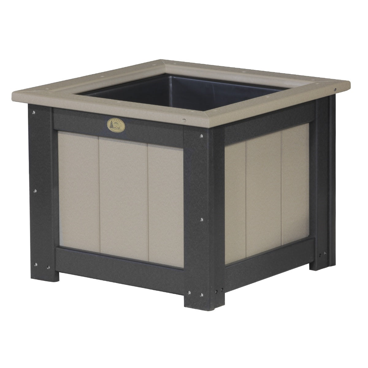 This is the Weatherwood and Black colored square planter box on a white background.