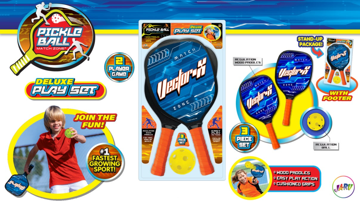 This pickleball set has wood paddles, easy play action and cushioned grips. The package itself can stand up on its own. Everything included is regulation size. Pickleball is the #1 fastest growing sport!