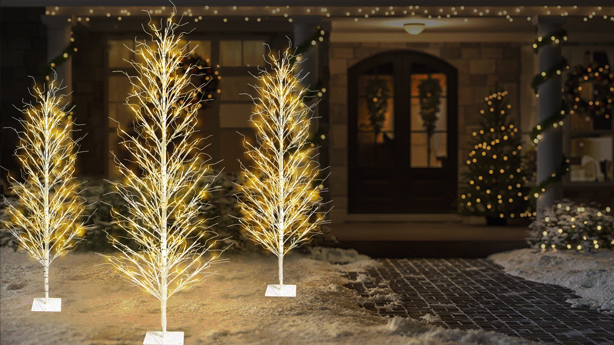 Columnar Birch Tree with Twinkling Warm White LED Lights