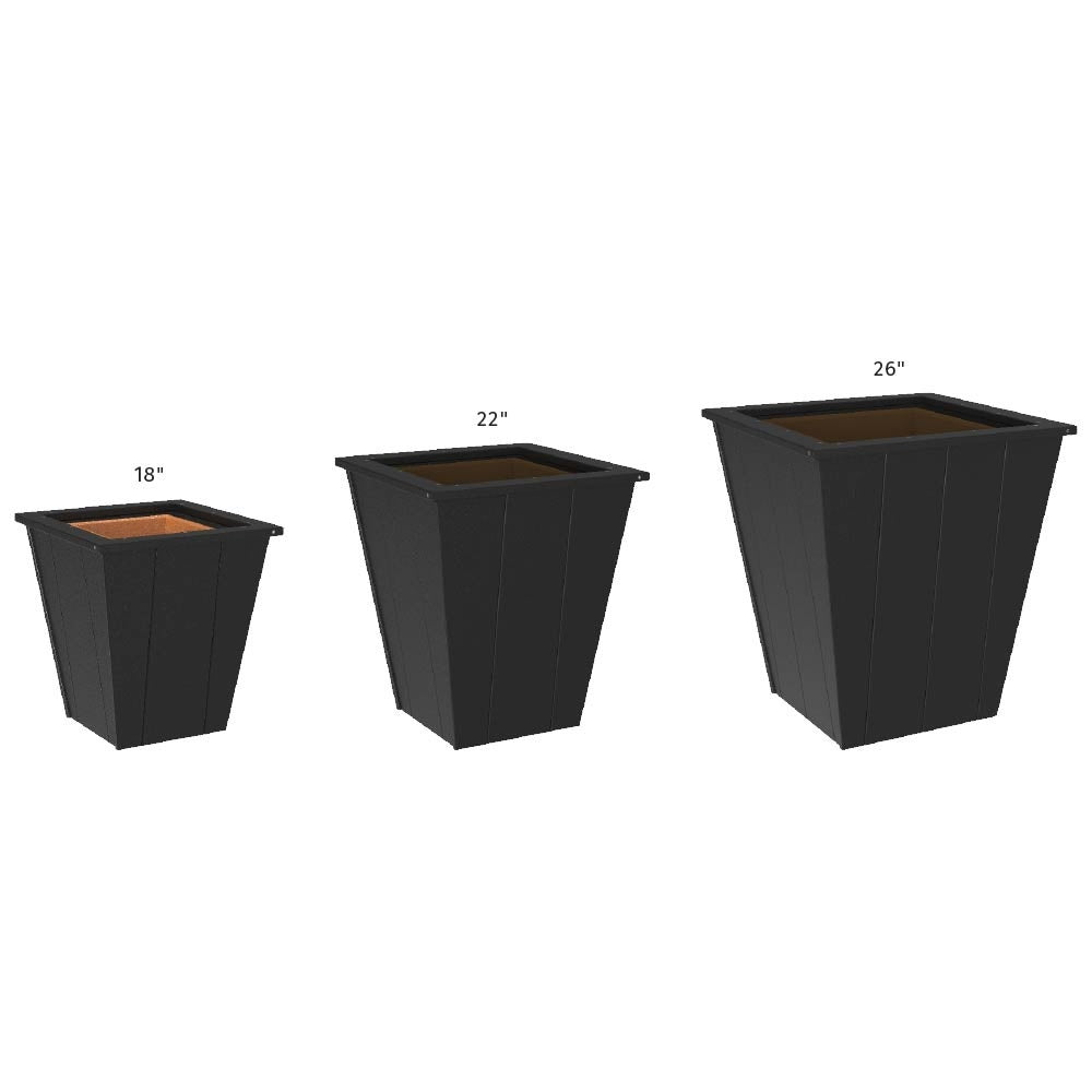 This image shows three different sized Black planters: one is 18 inches tall, one is 22 inches tall and one is 26 inches tall.