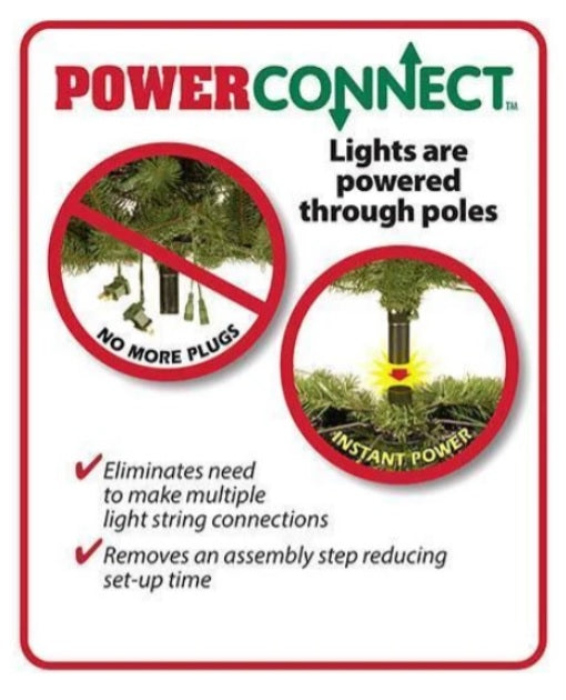 This tree has an instant power connect pole. The lights are powered through the pole. This eliminates the need to make multiple light string connections and removes an assembly step reducing set up time.