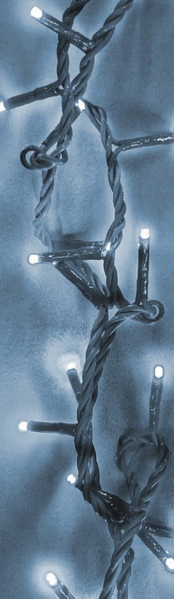 This image shows the string of twinkling pure white lights all lit up.