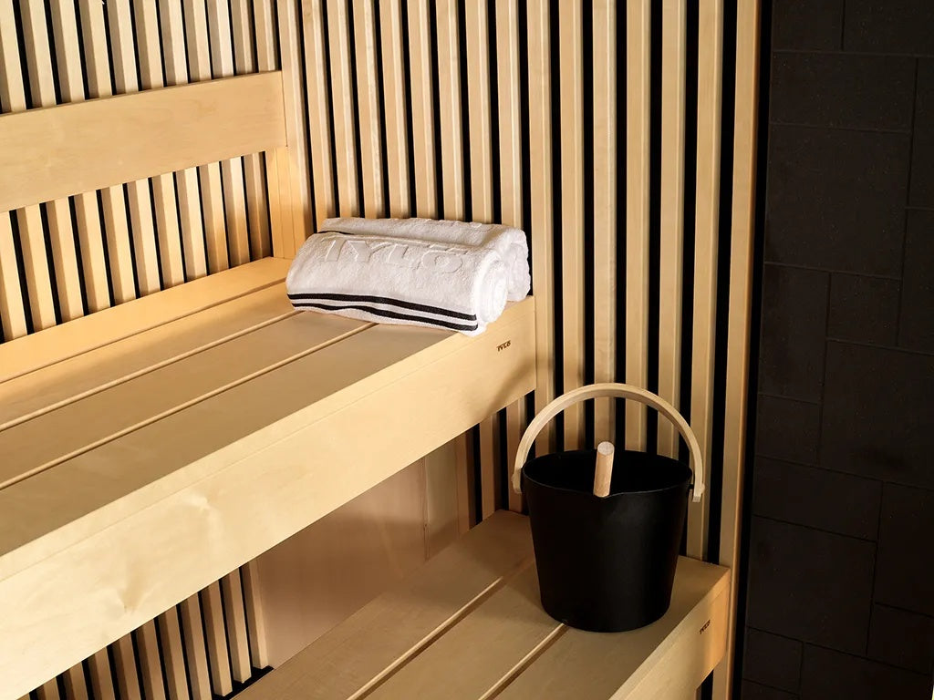 This image shows the benches inside the sauna.
