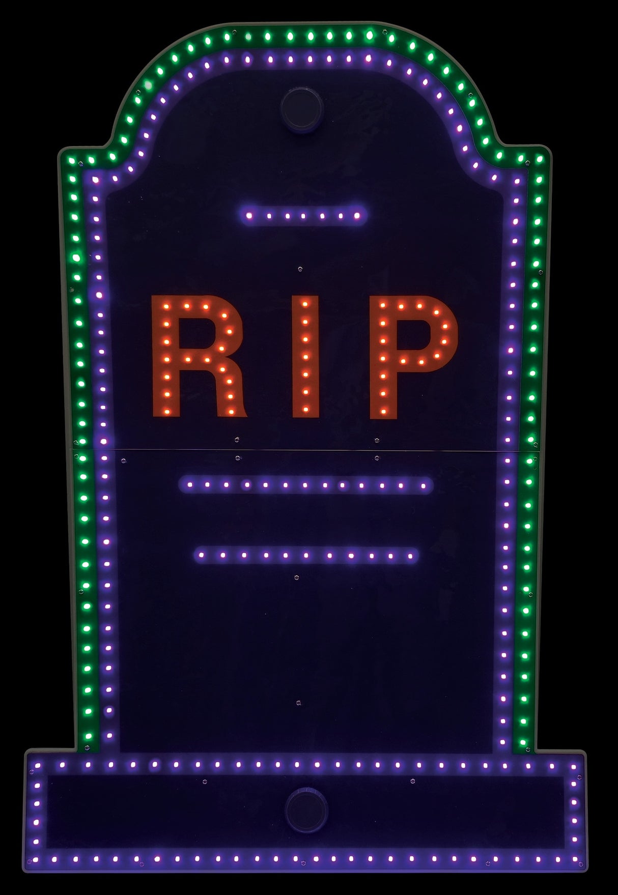 This image shows the tombstone decoration on a black background. The border is green and purple. The RIP is orange.
