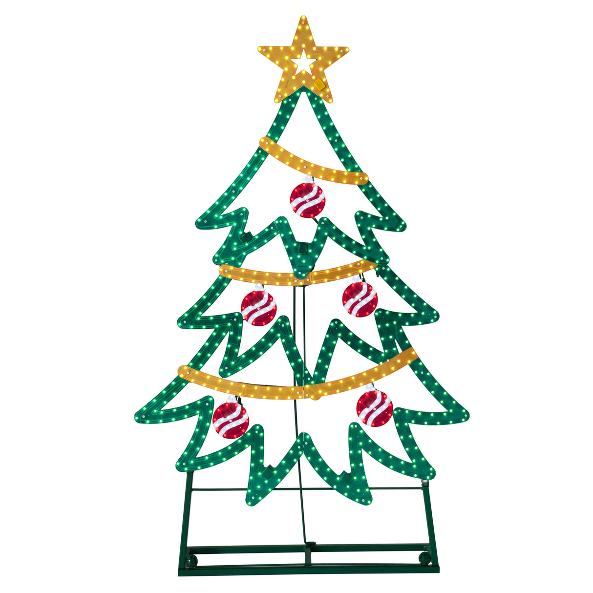 This image shows the tree silhouette decoration on a white background. The edges of the tree are green, the star on top is gold as well as the garland throughout. There are five red and white striped ornaments.