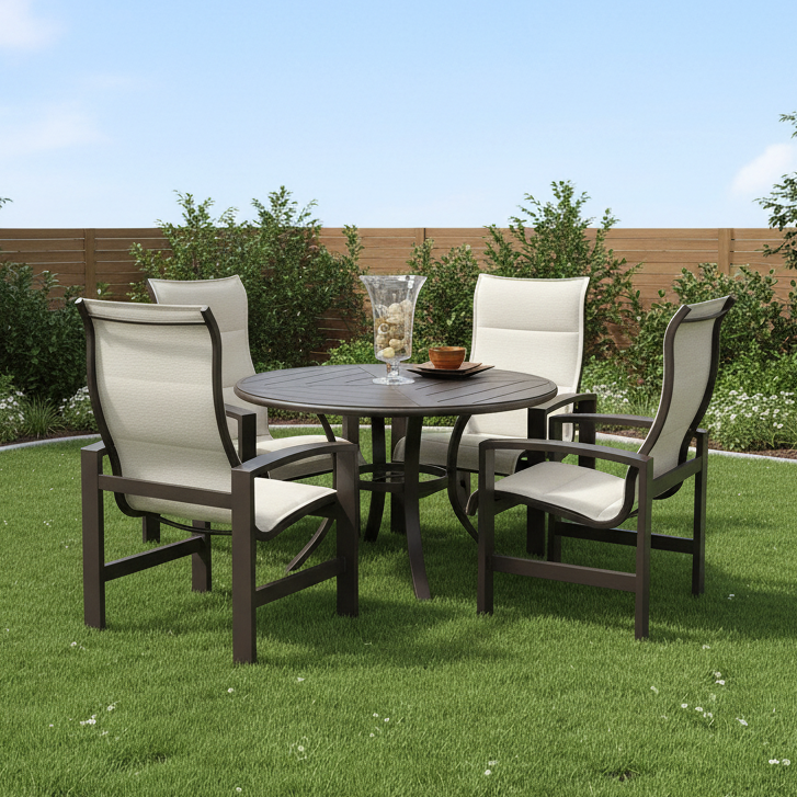 This is a lifestyle image showing this sling patio dining set in a grassy backyard surrounded by a wooden fence.