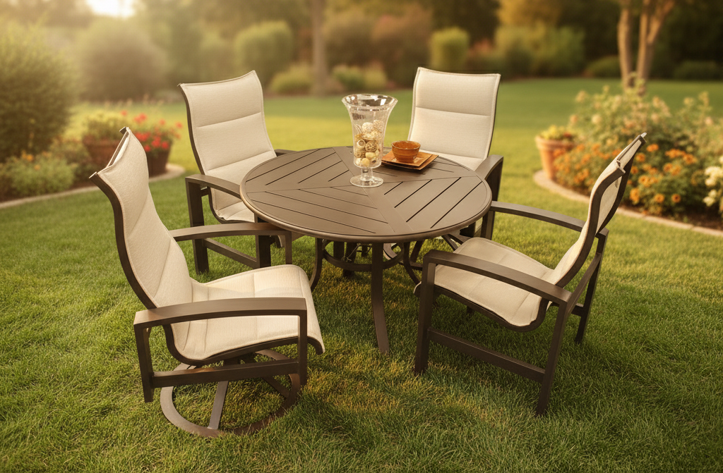 This is a lifestyle image showing this patio furniture set in a grassy backyard at sunset.