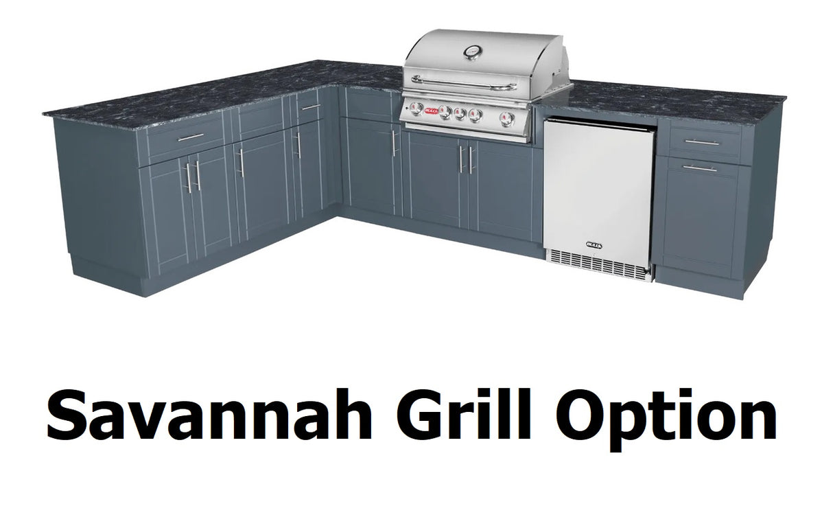Outdoor cabinet with built-in grill and fridge. This is the Savannah grill option.
