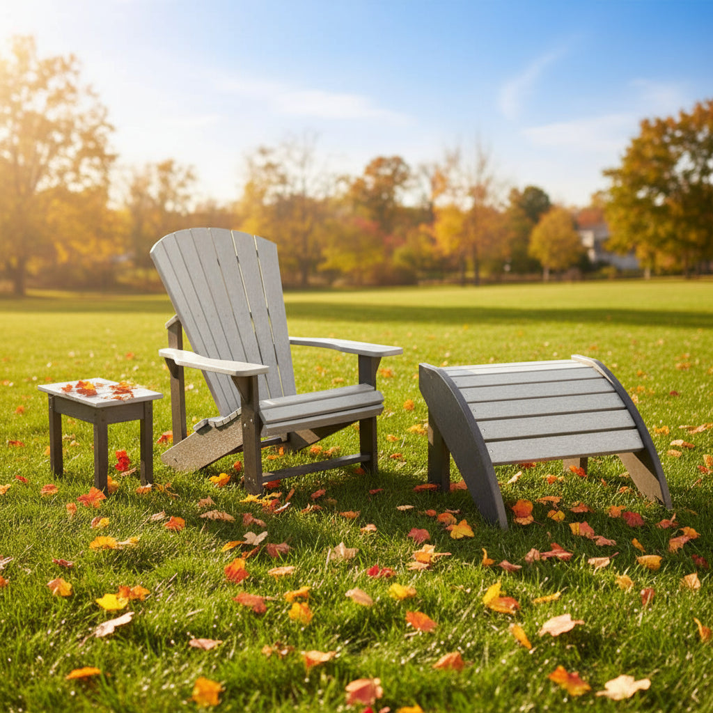 This is a lifestyle image showing this Adirondack chair, ottoman and side table in a grassy yard on a sunny, fall day.