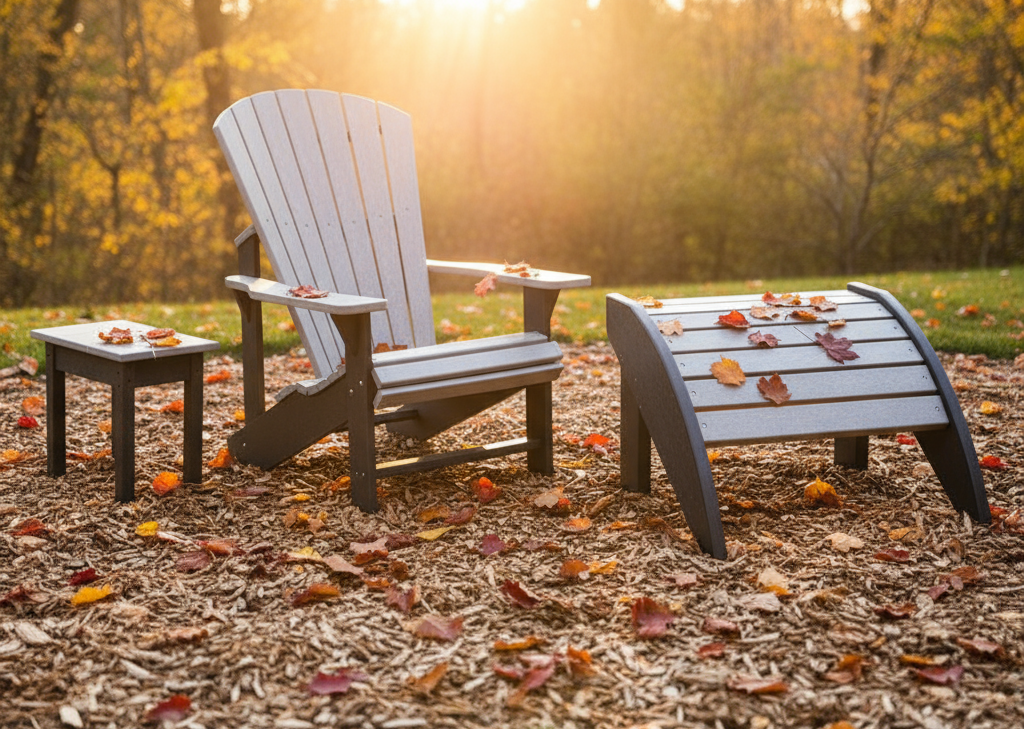 This is a lifestyle image showing this Adirondack chair, ottoman and side table in a grassy backyard on a sunny, fall day.