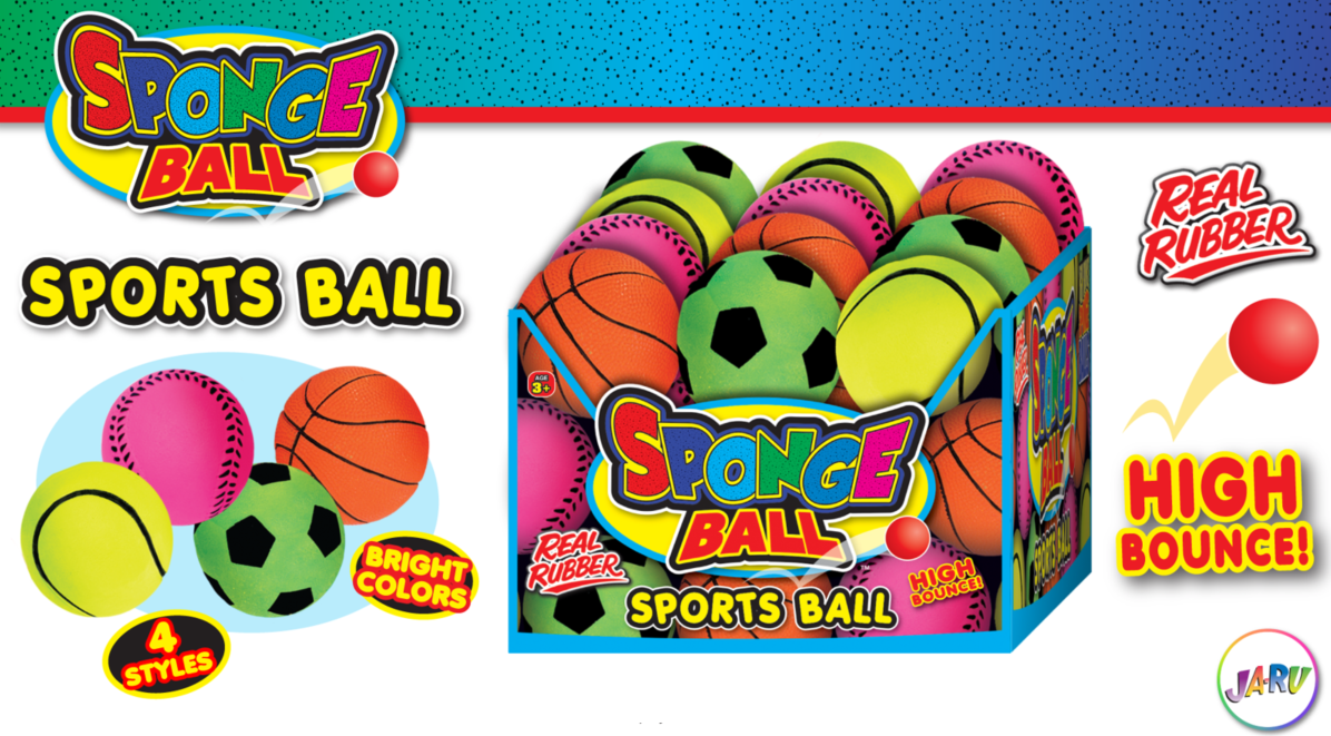 Spongy ball. One ball is designed to look like a blue baseball. One ball is designed to look like a yellow tennis ball. One ball is designed to look like a lime green soccer ball. One ball is designed to look like an orange basketball.