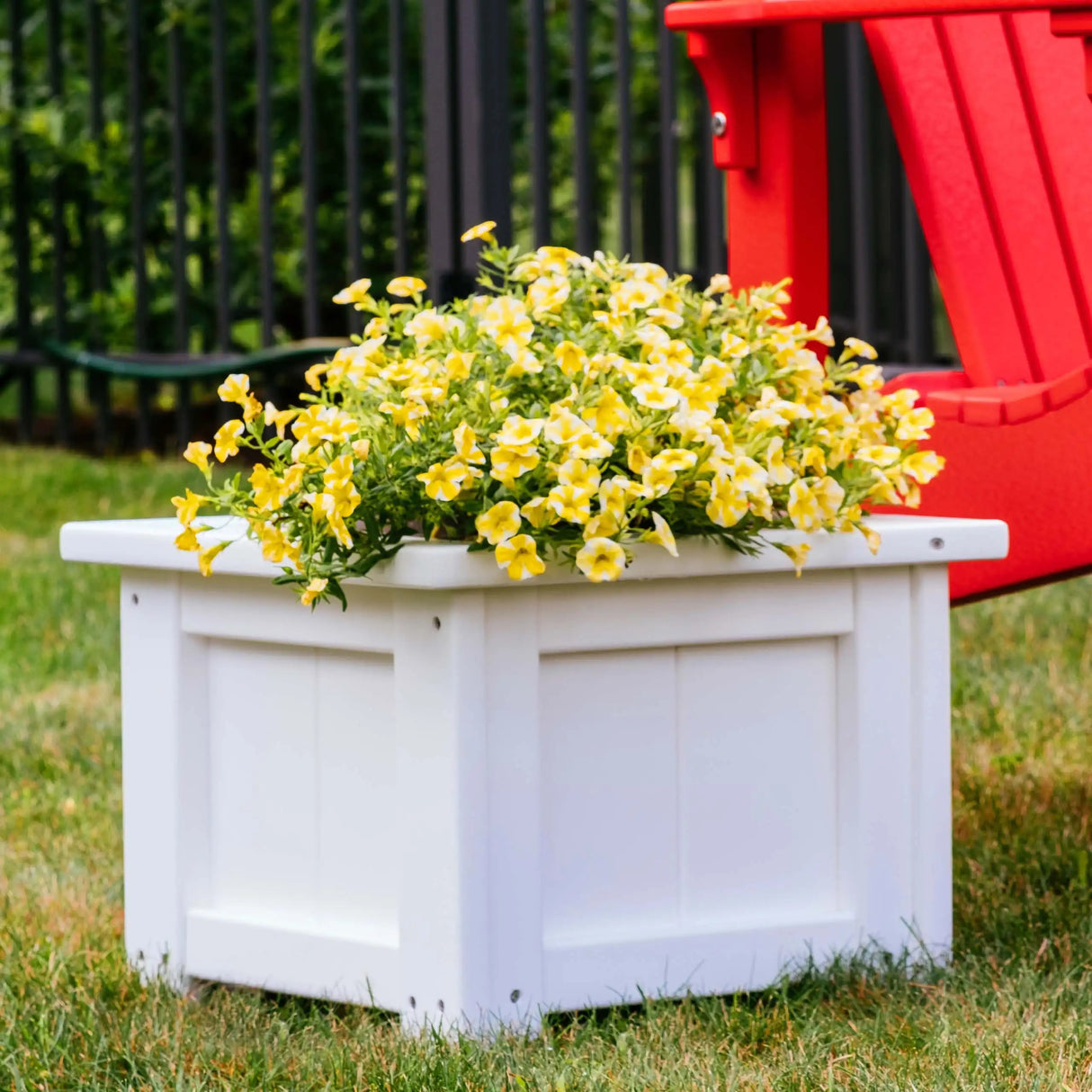 This is a lifestyle image showing the White square planter with yellow flowers growing out of it.