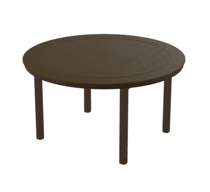 This image shows the round dining table. It has a slat top and the frame is a brown color.