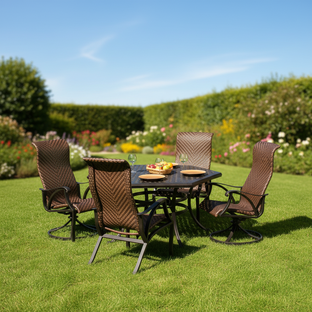This is a lifestyle image showing this patio furniture set in a grassy yard on a sunny day.