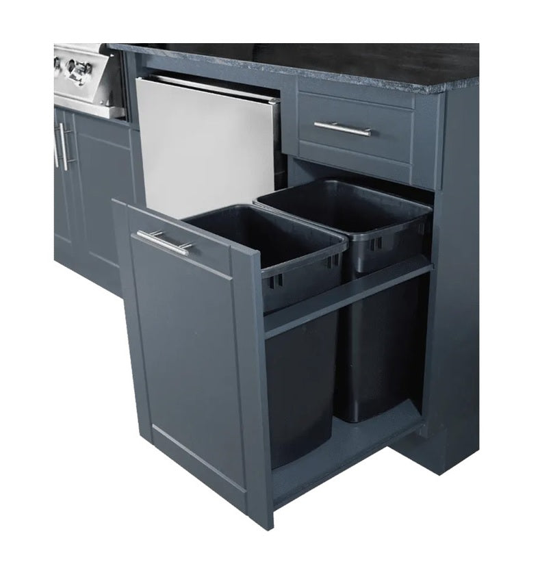 Drawer is open to show that you can hide two trash cans inside.