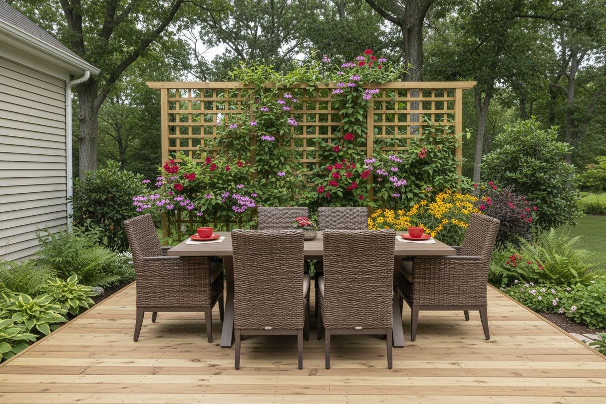 This is a lifestyle image showing this wicker patio dining set on a wooden deck on the side of a house, in front of a wooden trellis decorated with vines and flowers.